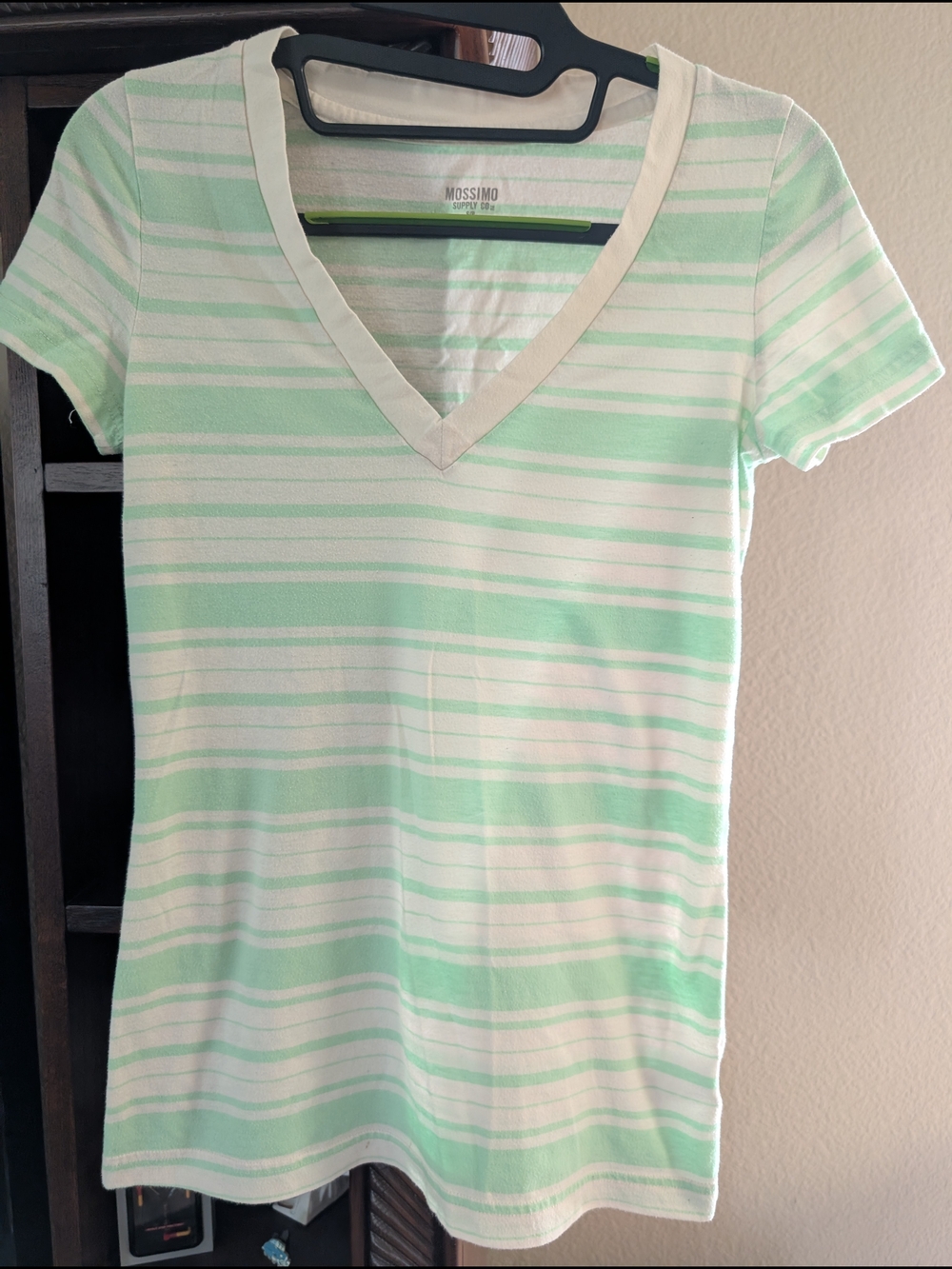 Mossimo Supply Co. Mint Green and White Striped V-Neck Tee